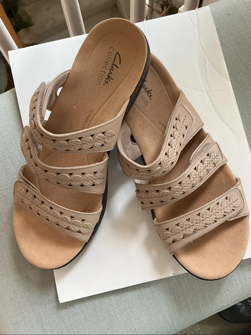 Clarks Collection Women's Beige Braided Strap Slide Sandals